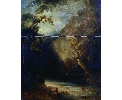 Circle of Thomas Gainsborough (1727-1788) British. A Rocky Wooded River Landscape, Oil on Panel, Unframed, 14" x 11".