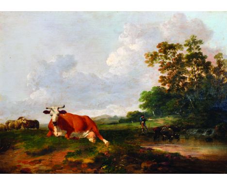 Philippe-Jacques de Loutherbourg (1740-1812) Franco-British. A River Landscape with a Man and Cattle by a Pond, Oil on Panel,
