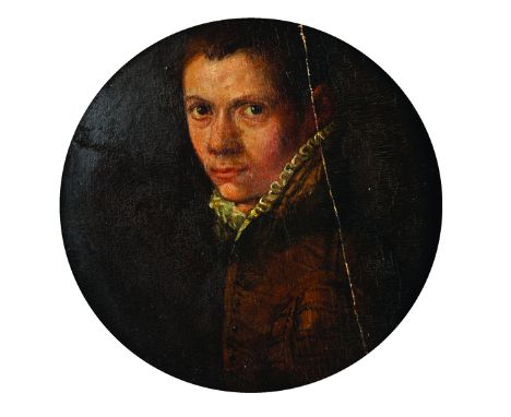 Manner of Bronzino (1503-1572) Italian. Head of a Young Man, Wearing Brown, with a White Ruff, Oil on Panel, Circular, 7.25" 