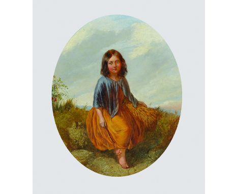 Paul Falconer Poole (1807-1879) British. 'Making Hay', a Young Girl seated in a Landscape, Oil on Canvas, Painted Oval, 12" x
