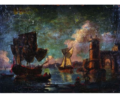 Manner of Joseph Vernet (1714-1789) French. A Coastal Scene with Boats, and Figures on the Shore, Oil on Panel, Unframed, 9" 