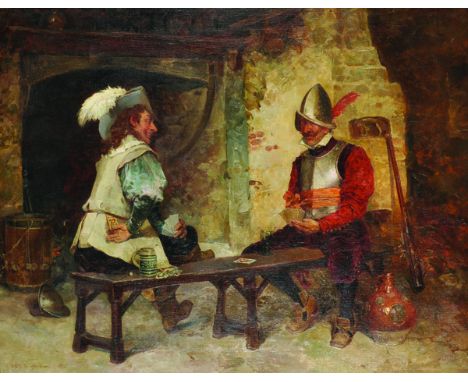 Henry Gillard Glindoni (1852-1913) British. "Diamond Cut Diamond", a Tavern Interior with Cavaliers playing cards, Oil on Can