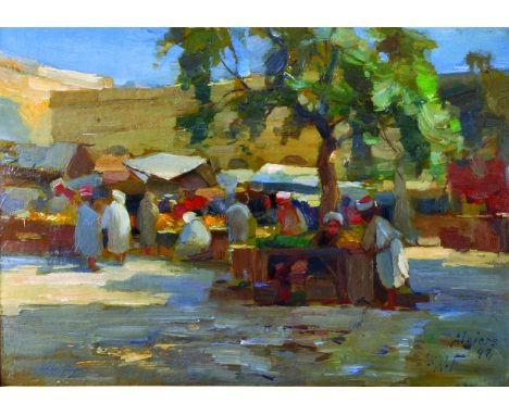 William Miller Frazer (1864-1961) British. 'Algiers', a Market Scene with Figures, Oil on Panel, Signed with Initials, Inscri