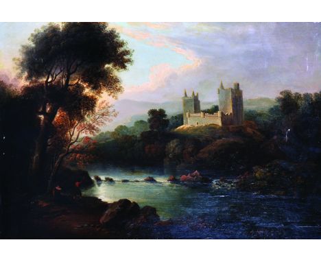 Early 19th Century English School. A Highland Landscape with Figures by the Riverside, Oil on Panel, Unframed, 15.5" x 23".