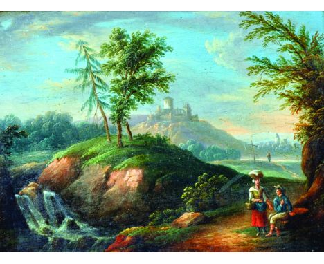 Style of Guiseppe Zais (1709-1784) Italian. A Classical Landscape with Figures, Oil on Panel, 4" x 5.25".