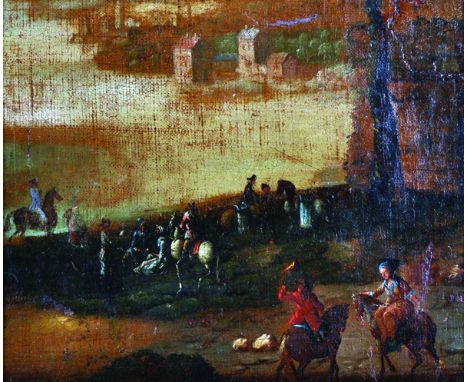 18th Century Italian School. A Hunting Scene, with Figures and Horses, Oil on Canvas laid down, 10" x 12".