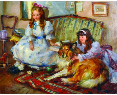 Tatyana Yenikeyeva (1968-    ) Russian. Two Young Girls on a Sofa, with a Collie on a Rug, Oil on Canvas, Signed, and Inscrib