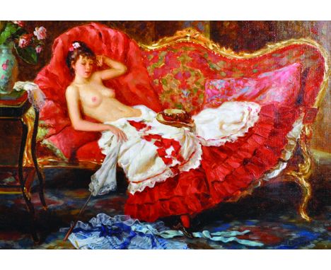 Vladislav Nagornov (1974-    ) Russian. A Semi Naked Lady, Reclining on a Sofa, Oil on Canvas, Signed, and Inscribed on the r