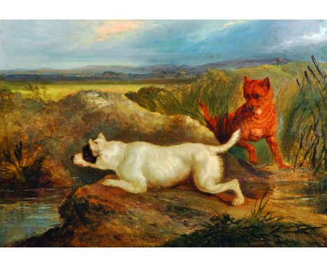 Charles Hancock (1795-1868) British. Terriers by the Rivers Edge, Oil on Panel, Signed, Inscribed 'Pinxt' and Dated 1830, 9.7