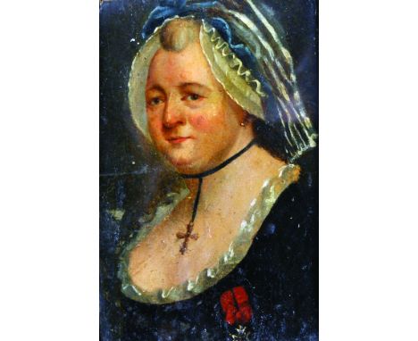 19th Century English School. Portrait of a Lady, in a Black Dress with White Frills, and a Bonnet, Oil on Board, 5.5" x 3.75"