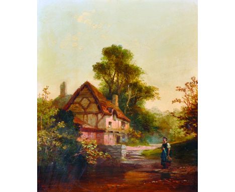 19th Century English School. A River Landscape with a Girl in the foreground, a Cottage in the distance, Oil on Panel, 11" x 