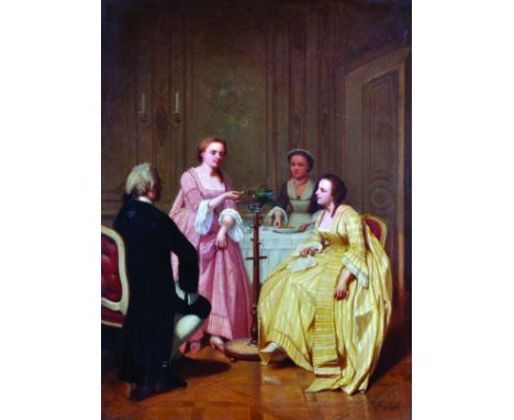 Eugene Benjamin Fichel (1826-1895) French. 'Feeding Time', an Interior Scene with Elegant Figures, Oil on Panel, Signed, 14" 