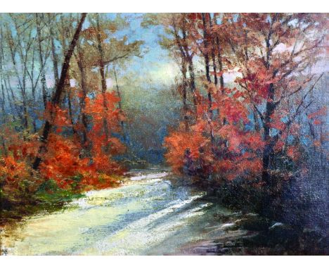 Fred R... Coles (20th Century) British. "Frosty Morning in Kuhnle Wald, Stuttgart", Oil on Card, Signed with Monogram, and In