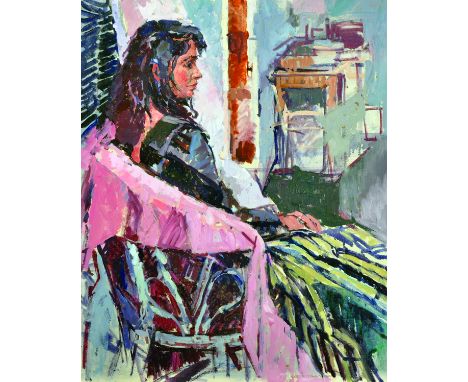Roger Bliss (20th Century) British. Portrait of a Girl, Seated in an Interior, Mixed Media, Signed with Studio Stamp, Unframe