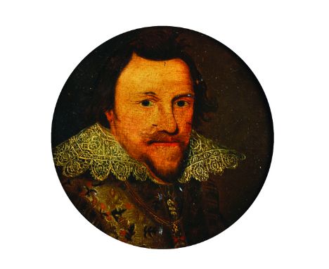 English School. Portrait of a Man, in 17th Century Costume, Oil on Board, possibly on a print base, Circular, 7.5" x 7.5".