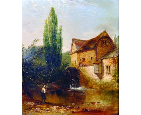 William Williams of Plymouth (1808-1895) British. A Man Fishing by a Watermill, Oil on Panel, Signed, Inscribed and Indistinc