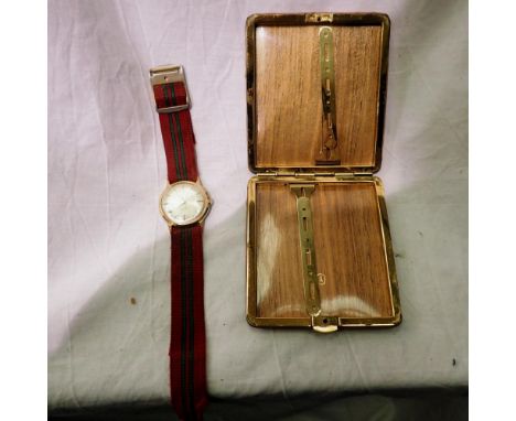 Timex gold plated mechanical wristwatch, working, and a cigarette case. UK P&amp;P Group 1 (£16+VAT for the first lot and £2+