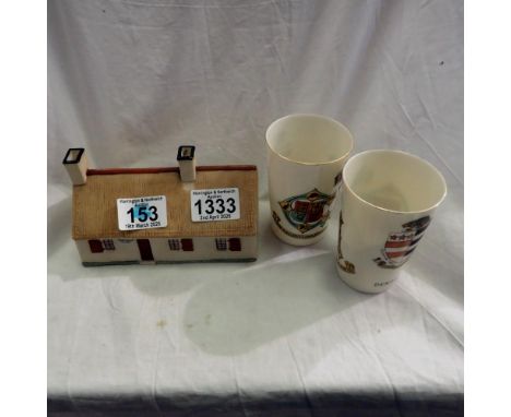 W H Goss Burns cottage and two Denton crested mugs. UK P&amp;P Group 2 (£20+VAT for the first lot and £4+VAT for subsequent l