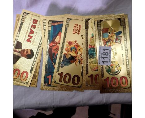 Nine gold plated novelty notes to include Simpsons, Harry Potter, Disney and Mr Bean. UK P&amp;P Group 0 (£6+VAT for the firs