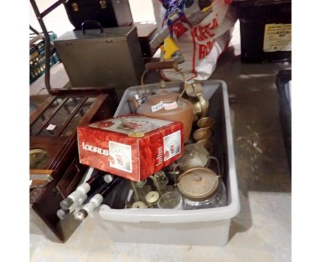 Collection of metalware items, including tankards and a copper kettle. Not available for in-house P&amp;P