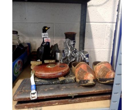 Collection of items including freestanding duck, shoe brush and folding brownie camera. Not available for in-house P&amp;P