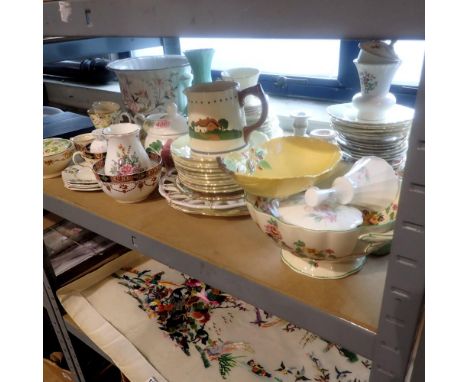 Shelf of mixed ceramics including Sadler and Wedgwood. Not available for in-house P&amp;P 