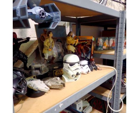 Shelf of Star Wars related items to include figures and an LP. Not available for in-house P&amp;P 