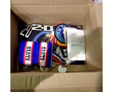 Box of mixed collectables including Elvis memorabilia, coins, car related badges, medals and postcards. UK P&amp;P Group 2 (£