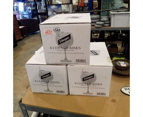 Three boxes of Schweppes gin glasses. Not available for in-house P&amp;P 