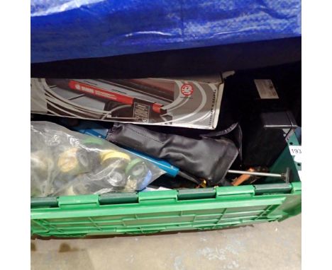 Box of mixed tools including an electric chainsaw. Not available for in-house P&amp;P 