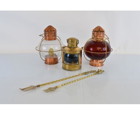 Two British made copper and brass hanging oil lamps, one having ruby glass body 33cm max high together with a brass Starboard