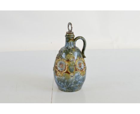 A Royal Doulton 'Scotch' flask, having high loop handle and cork stopper to shaped roundel decorated blue and green ground bo