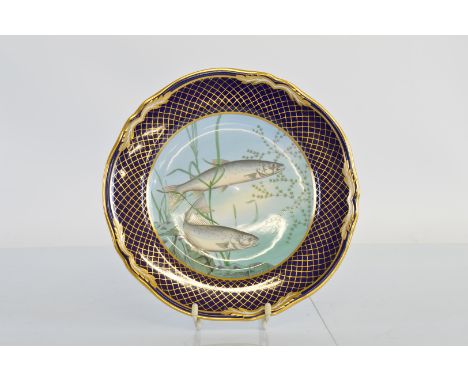 A hand painted Spode salmon decorated cabinet plate, from the Sporting Fish series, by W Burndred, 23.5cm diameter (second)