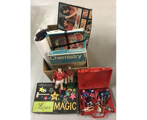 A box of vintage toys and games. Comprising: Chemistry 1, Super Magic Set, Quest For The Dungeonmaster board game, Science Fu