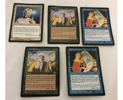 5 Magic The Gatherings trading/game cards. "Enlightened Tutor", "Worldly Tutor" x 2, "Mystical Tutor" x 2 - Mirage Set, 1996.