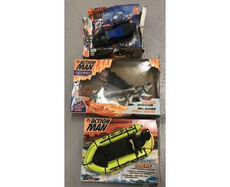 3 boxed 1990's Hasbro Action Man playsets. Electronic Polar Mission, Dinghy with motorised outboard engine and Scuba Ski.