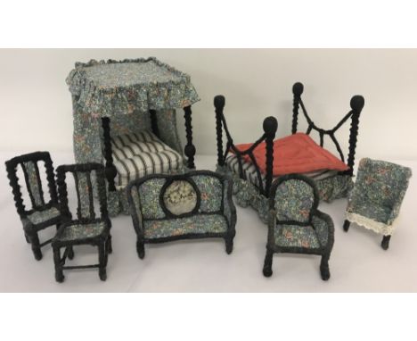 A set of handmade vintage dolls' house furniture in blue floral material.Comprising a four-poster bed &amp; mattress; a doubl