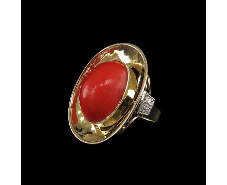Set with large coral 18 x 14 mm. and two single cut diamonds ring size 17