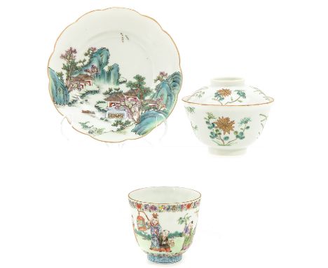 Including a Famille Rose Cup and saucer depicting Chinese figures in garden, saucer marked Qianlong, in addition to green and