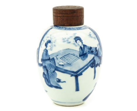 Barrel shaped tea caddy decorated with underglaze blue with two ladies playing games, with wood cover, Chenghua mark, Kangxi 