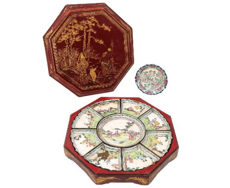 Lacquer box fitted with enamel 9 piece divided tray depicting Chinese figures in garden, in diverse conditions, box measures 