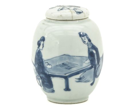Barrel shaped tea caddy decorated with underglaze blue with two ladies playing games, Kangxi Period, 9 cm. tall, cover is res
