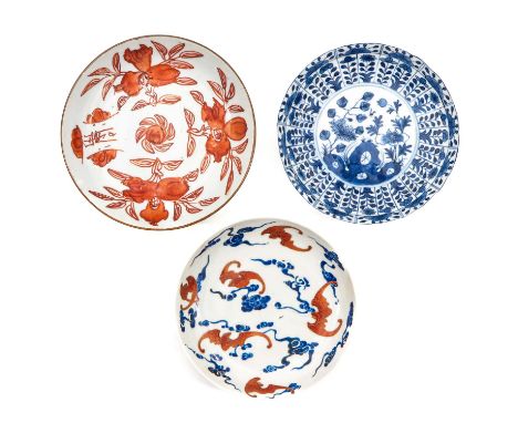 In a variety of decors, including bat and cloud decor, orange floral decor, and blue and white garden decor marked Kangxi, 13