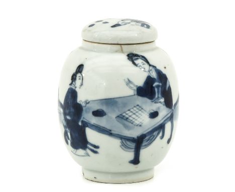 Barrel shaped tea caddy decorated with underglaze blue with two ladies playing games, Kangxi Period, 9 cm. tall, chip and hai