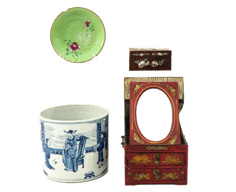 Including small Famille Rose dish decorated with flowers, 2 jewelry boxes including one with mirror, and blue and white brush