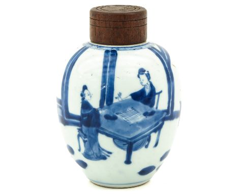 Barrel shaped tea caddy decorated with underglaze blue with two ladies seated at a table with wood cover, artemesia leaf Kang