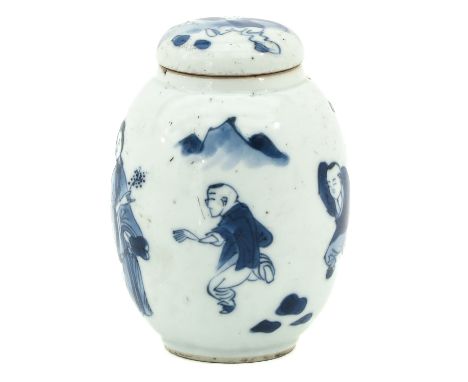 Decorated in underglaze blue depicting ladies and boys playing in garden, Kangxi Period, 9 cm. tall.
