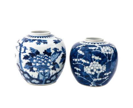 Including decor with birds and flowers with Kangxi mark 15 cm. tall and blue ground with white flower blossoms 13 cm. tall. 