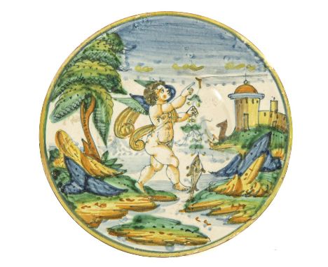 depicting a winged putto holding a branch in his hand from which hangs a fish below and a dragonfly hovers above in light yel