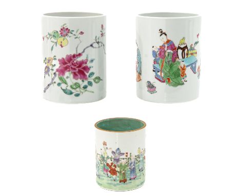 In a variety of decors, including brushpot decorated with chinese boys playing in garden marked Qianlong, tallest brushpot 15